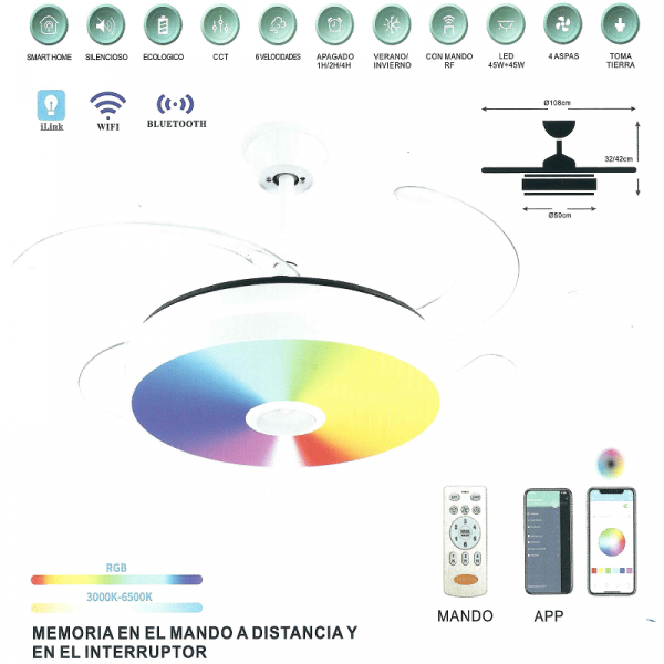 Ventilador de Techo 30W DC Blanco CCT-RGB 72W Bluetooth 4 Aspas Escamoteables - Imagen 4