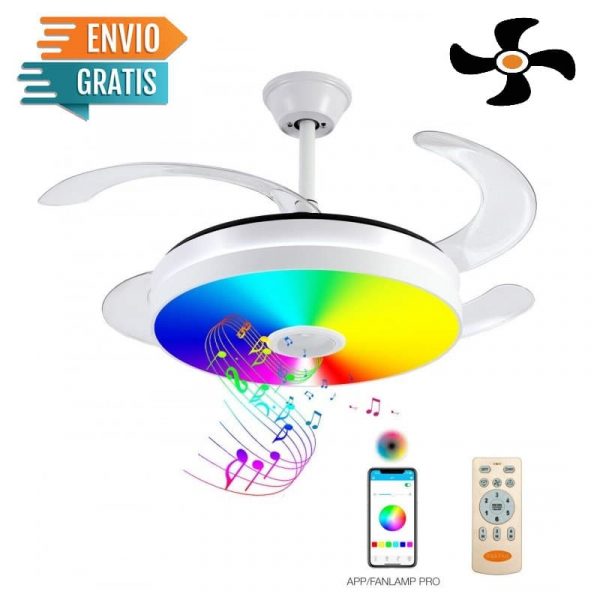 Ventilador de Techo 35W DC Blanco CCT-RGB 72W Bluetooth 4 Aspas Escamoteables
