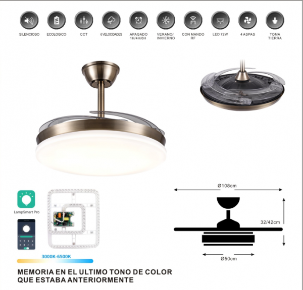 Ventilador de Techo 30W DC Cuero Bronce Dimable CCT 72W 7200LM 4 Aspas Escamoteables - Imagen 2
