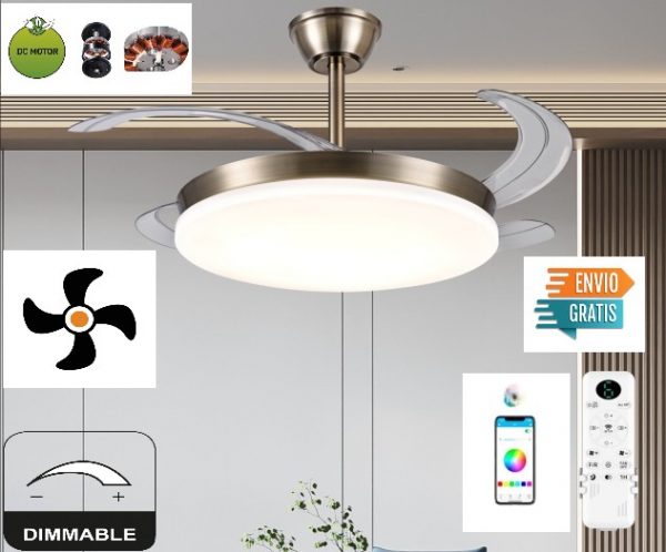 Ventilador de Techo 30W DC Cuero Bronce Dimable CCT 72W 7200LM 4 Aspas Escamoteables