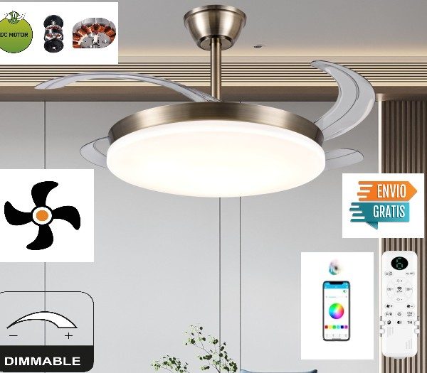 Ventilador de Techo 30W DC Cuero Bronce Dimable CCT 72W 7200LM 4 Aspas Escamoteables