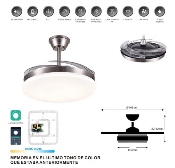 Ventilador de Techo 30W DC Niquel Satinado Dimable CCT 72W 7200LM 4 Aspas Escamoteables - Imagen 2
