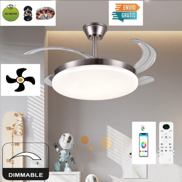 Ventilador de Techo 30W DC Niquel Satinado Dimable CCT 72W 7200LM 4 Aspas Escamoteables